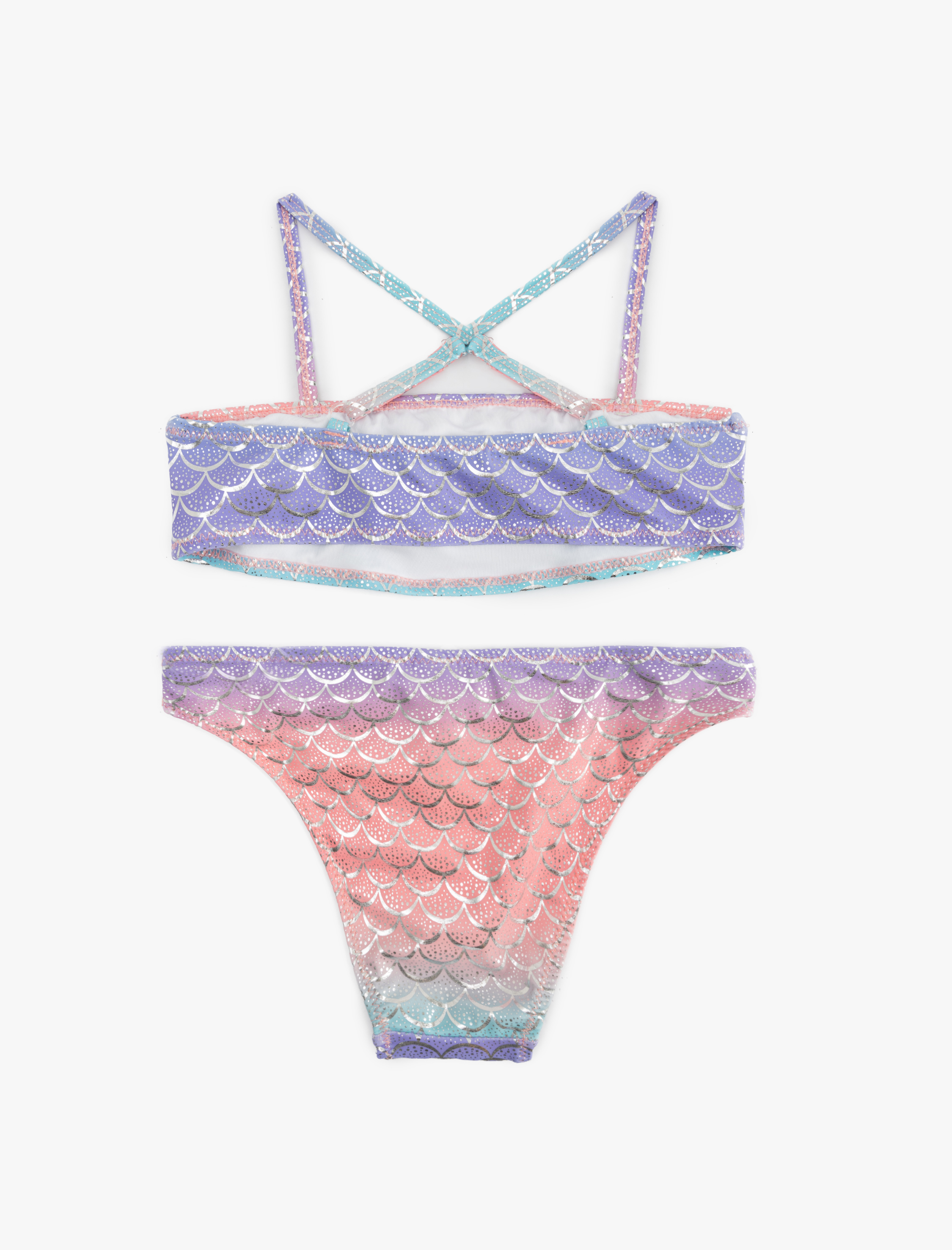  Kız Çocuk Deniz Kızı Temalı Baskı Detaylı Fırfırlı Askılı Bikini Takımı