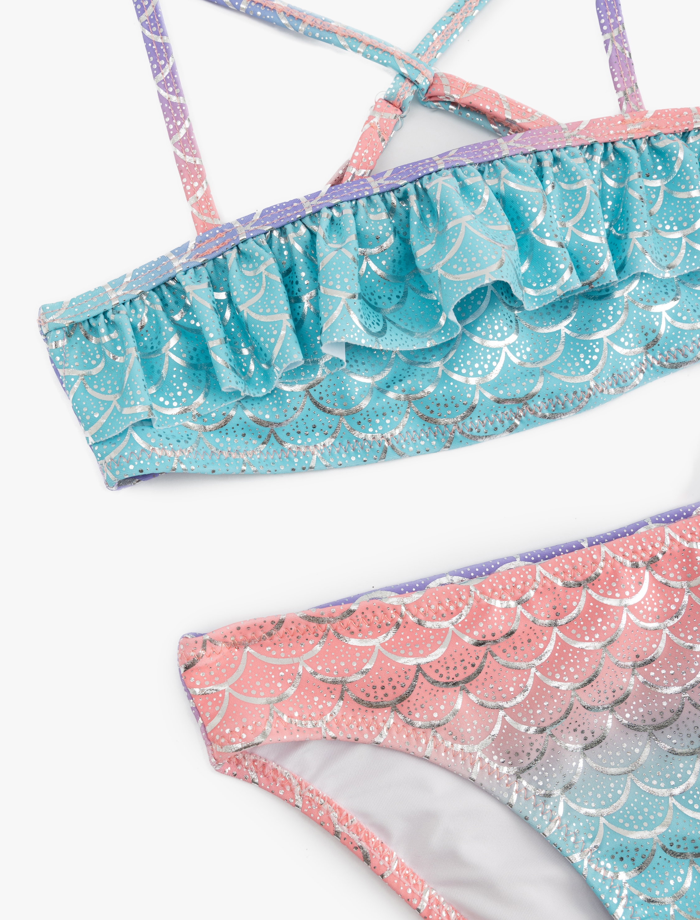  Kız Çocuk Deniz Kızı Temalı Baskı Detaylı Fırfırlı Askılı Bikini Takımı