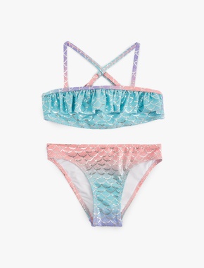 Deniz Kızı Temalı Baskı Detaylı Fırfırlı Askılı Bikini Takımı