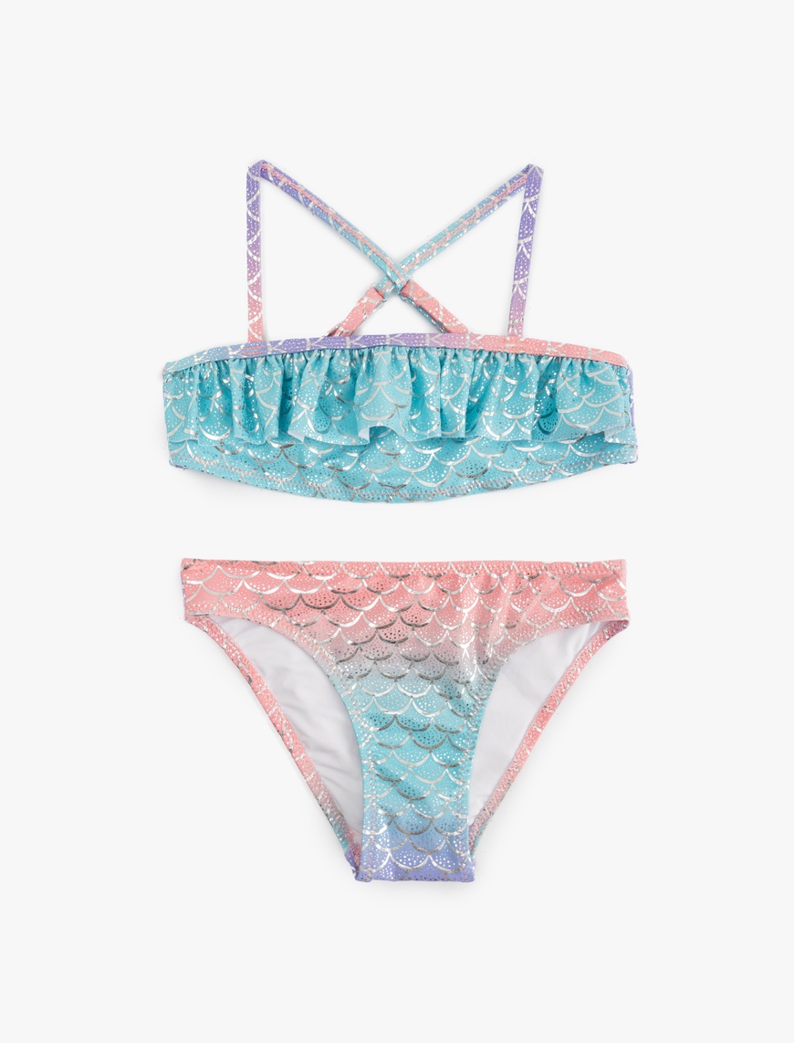  Kız Çocuk Deniz Kızı Temalı Baskı Detaylı Fırfırlı Askılı Bikini Takımı