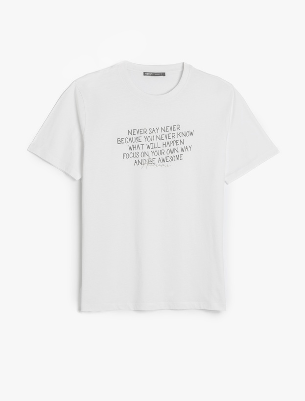 Kısa Kollu Pamuklu Regular Fit Bisiklet Yaka Slogan Baskılı Tişört_0