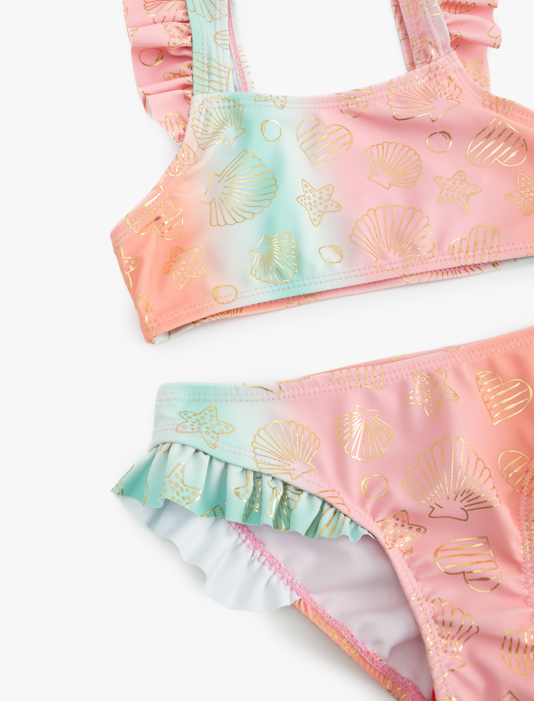  Kız Çocuk Deniz Temalı Baskı Detaylı Fırfırlı Askılı Bikini Takımı