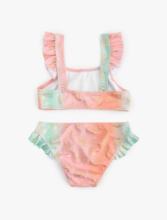 Kız Çocuk Deniz Temalı Baskı Detaylı Fırfırlı Askılı Bikini Takımı
