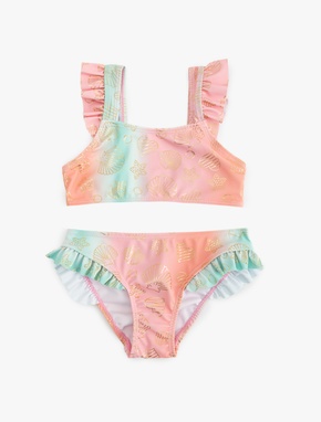 Deniz Temalı Baskı Detaylı Fırfırlı Askılı Bikini Takımı