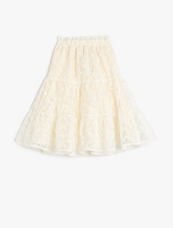 Kız Çocuk Beli Lastikli Astarlı Katlı Midi Dantel Tül Etek
