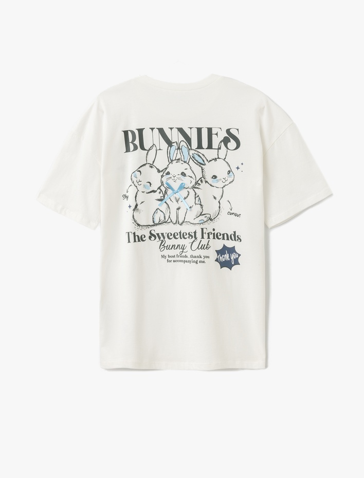  Arkası Tavşan Baskılı Oversize Kısa Kollu Bisiklet Yaka Tişört