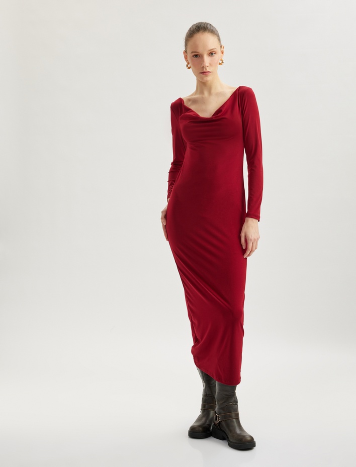  Drapeli Uzun Kollu Midi Degaje Yaka Elbise