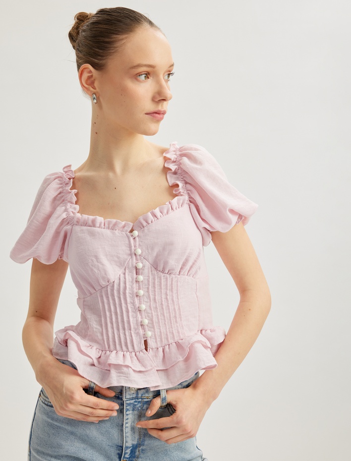  Fırfırlı Yaka Kısa Balon Kol Korse Detaylı Düğmeli Bluz