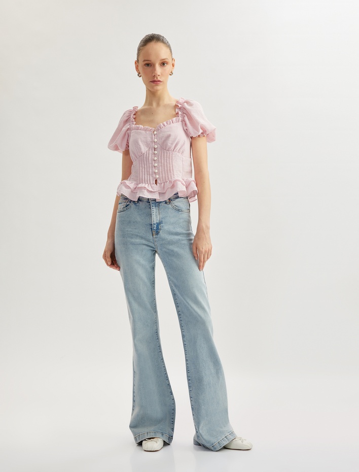  Fırfırlı Yaka Kısa Balon Kol Korse Detaylı Düğmeli Bluz