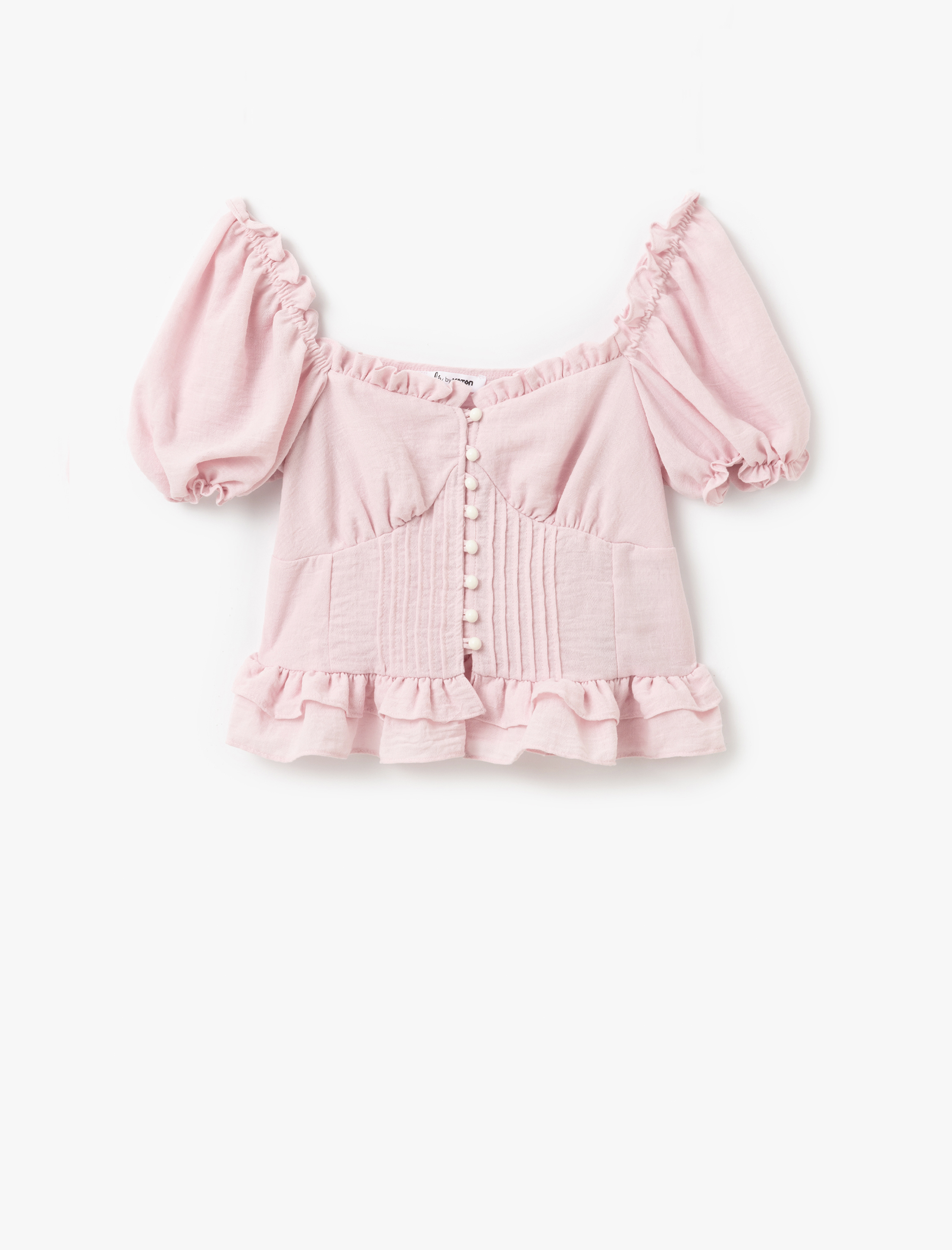   Fırfırlı Yaka Kısa Balon Kol Korse Detaylı Düğmeli Bluz