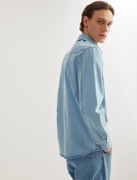 Pamuklu Düğmeli Kapaklı Cep Detaylı Uzun Kollu Jean Gömlek