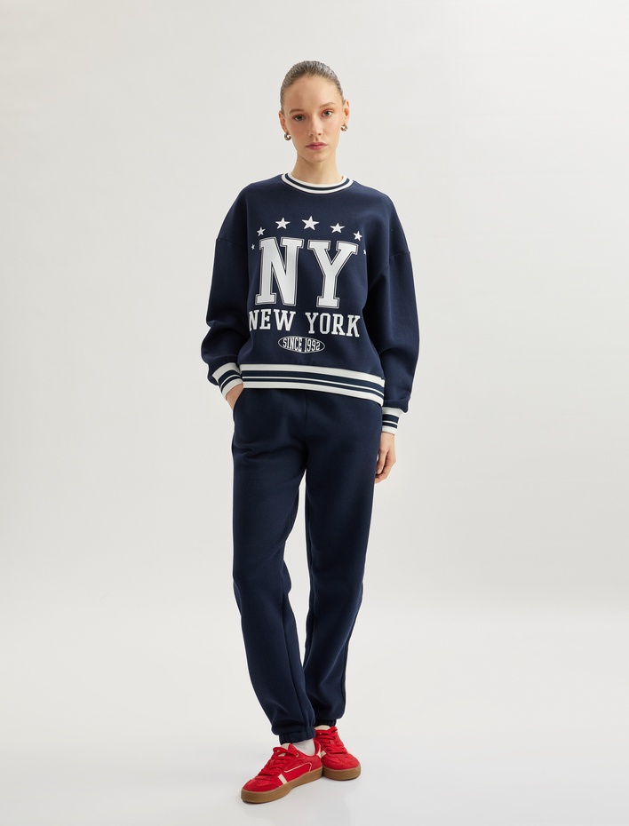  Şardonlu Kolej Baskılı Bisiklet Yaka Biyeli Oversize Sweatshirt