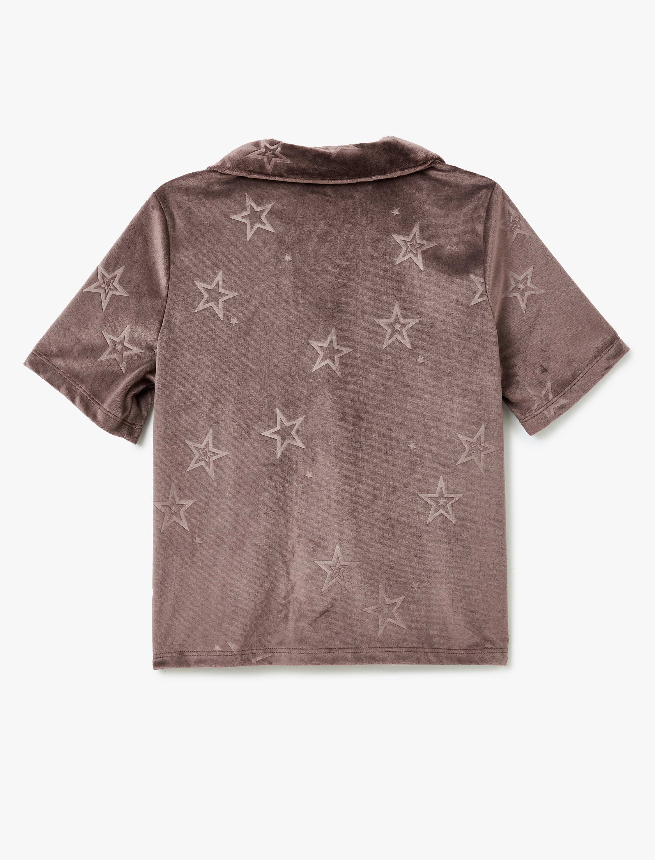Koton Gömlek Yaka Yıldız Desenli Kısa Kollu Kadife Pijama Üstü görsel 4