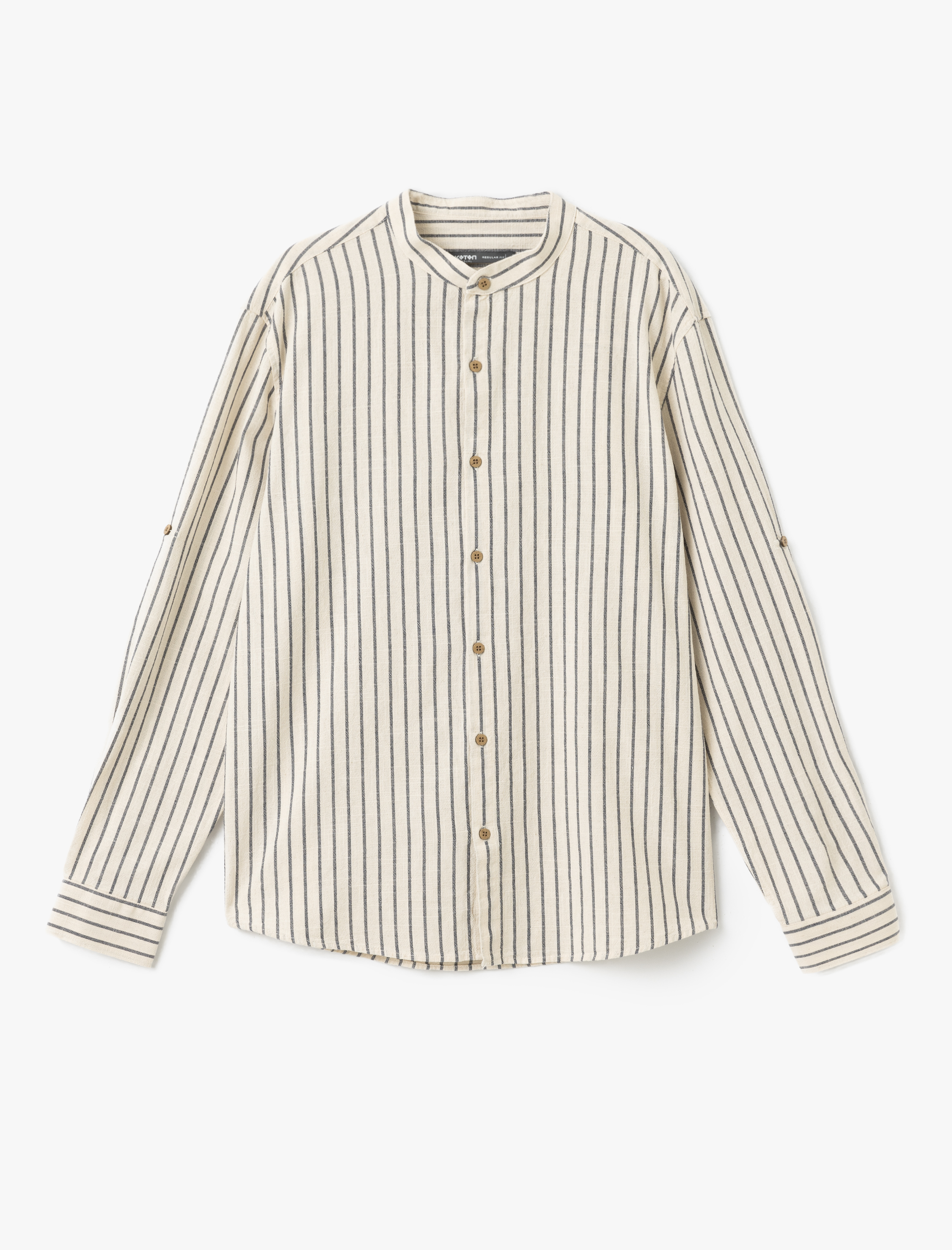   Pamuklu Çizgili Kıvırmalı Uzun Kollu Regular Fit Hakim Yaka Gömlek