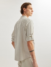 Pamuklu Çizgili Kıvırmalı Uzun Kollu Regular Fit Hakim Yaka Gömlek