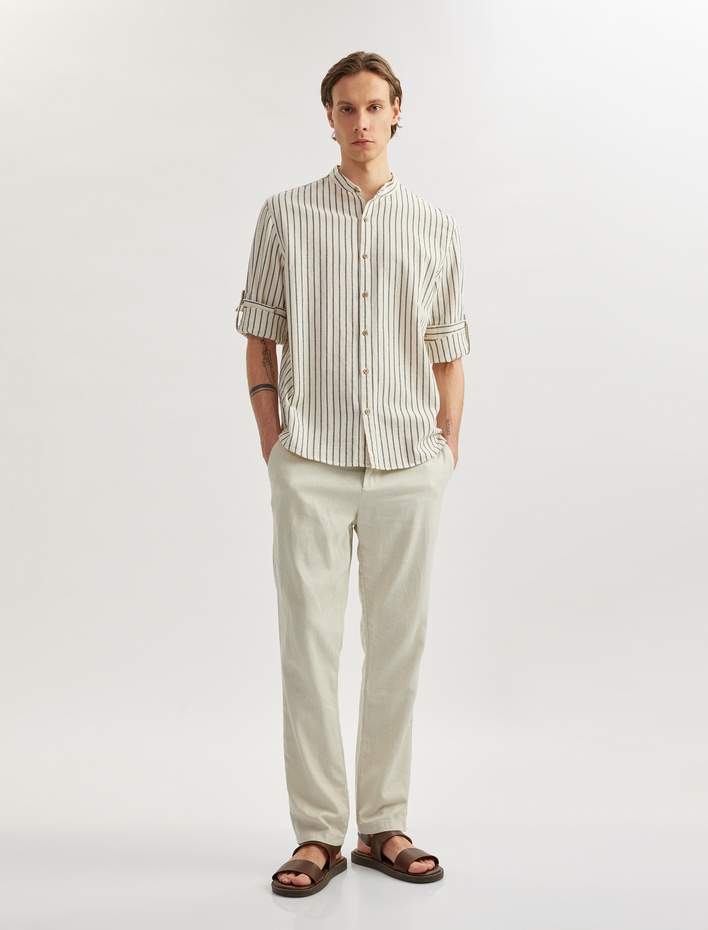  Pamuklu Çizgili Kıvırmalı Uzun Kollu Regular Fit Hakim Yaka Gömlek