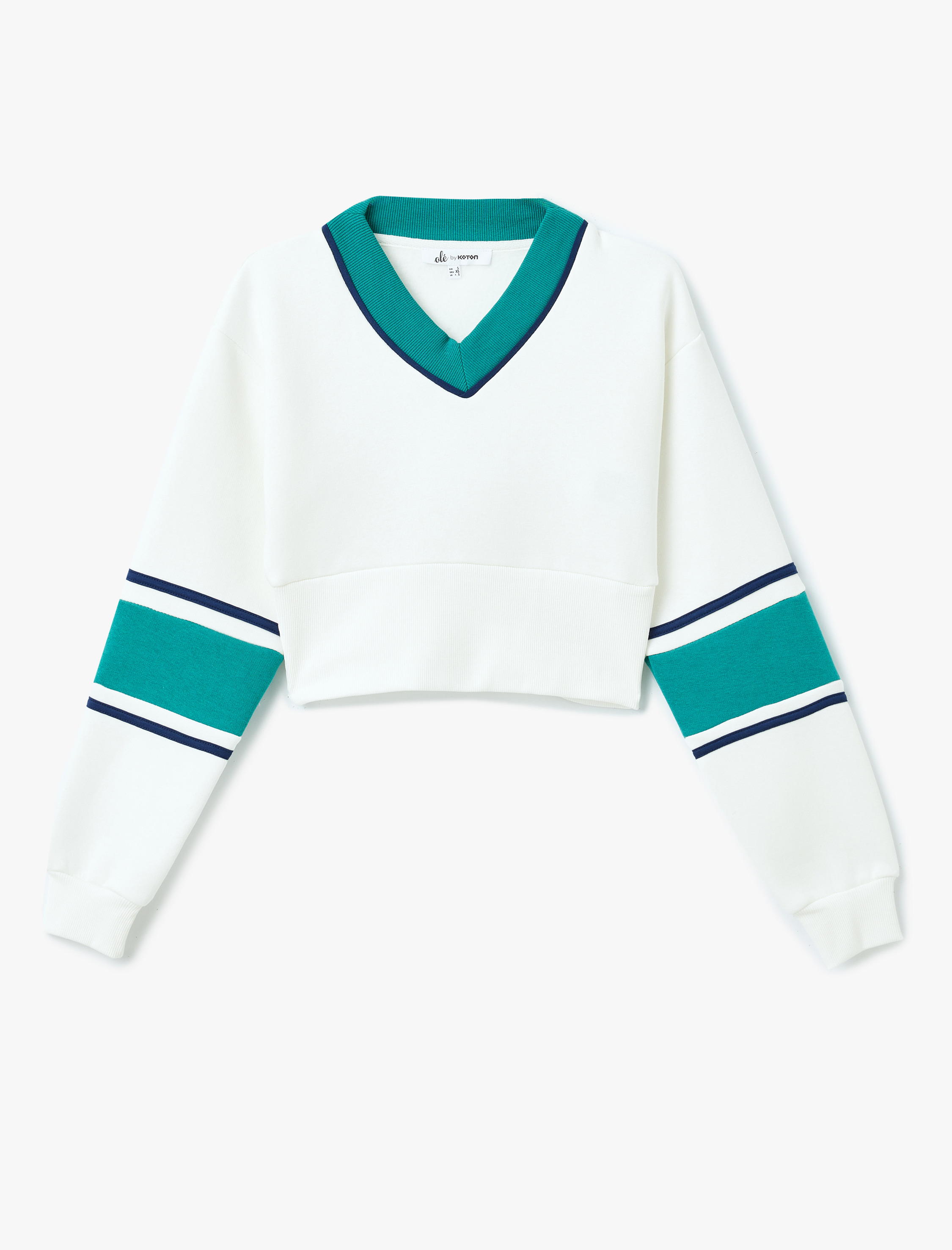   Şardonlu Renk Bloklu V Yaka Uzun Kollu Crop Sweatshirt