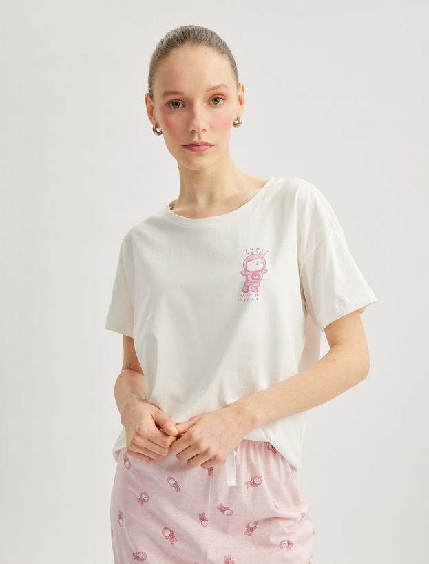 Pamuklu Kedi Baskılı Kısa Kollu Pijama Takımı_0