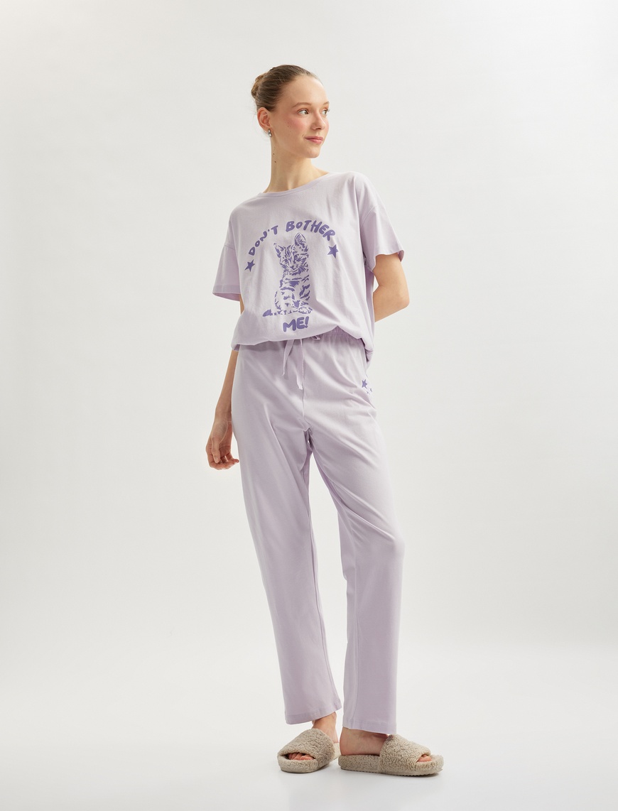   Pamuklu Kedi Baskılı Kısa Kollu Pijama Takımı