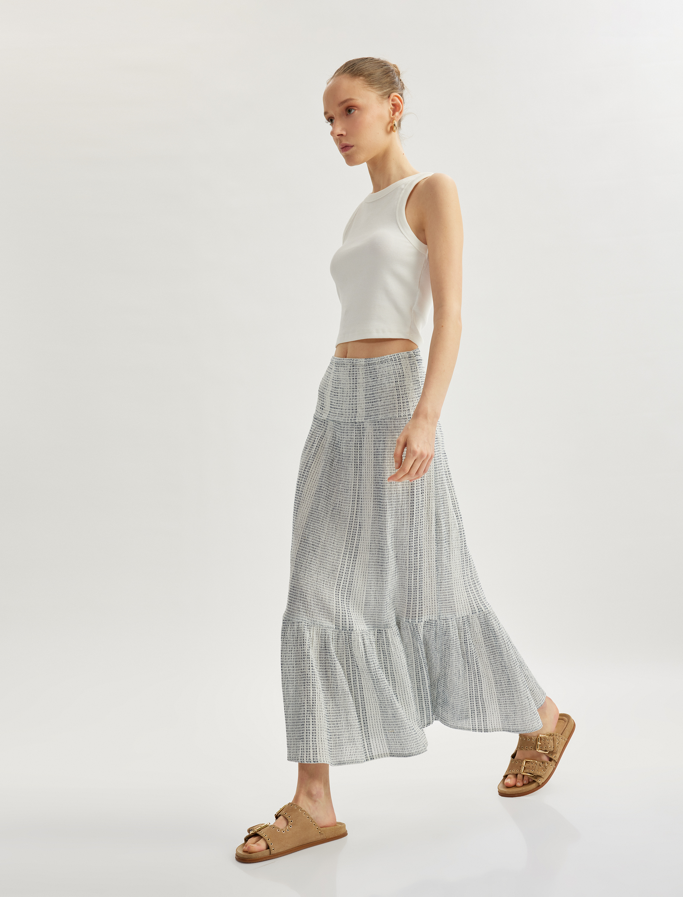   Beli Lastikli Katlı Volanlı A Kesim Desenli Midi Etek