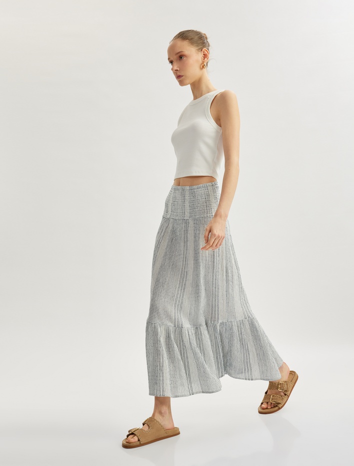  Beli Lastikli Katlı Volanlı A Kesim Desenli Midi Etek