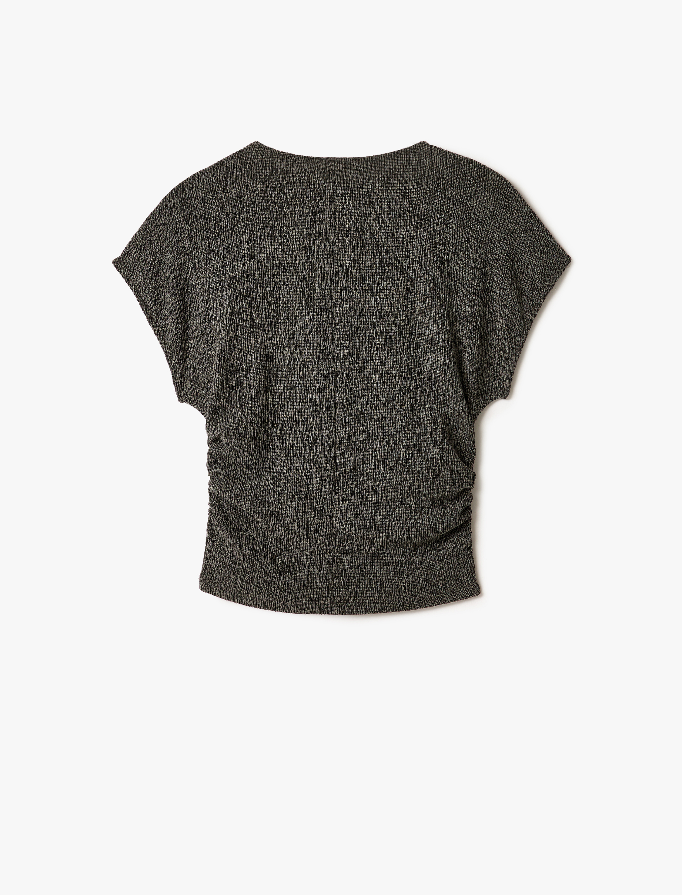   Drape Detaylı Kısa Yarasa Kollu Bisiklet Yaka Slim Fit Dokulu Tişört