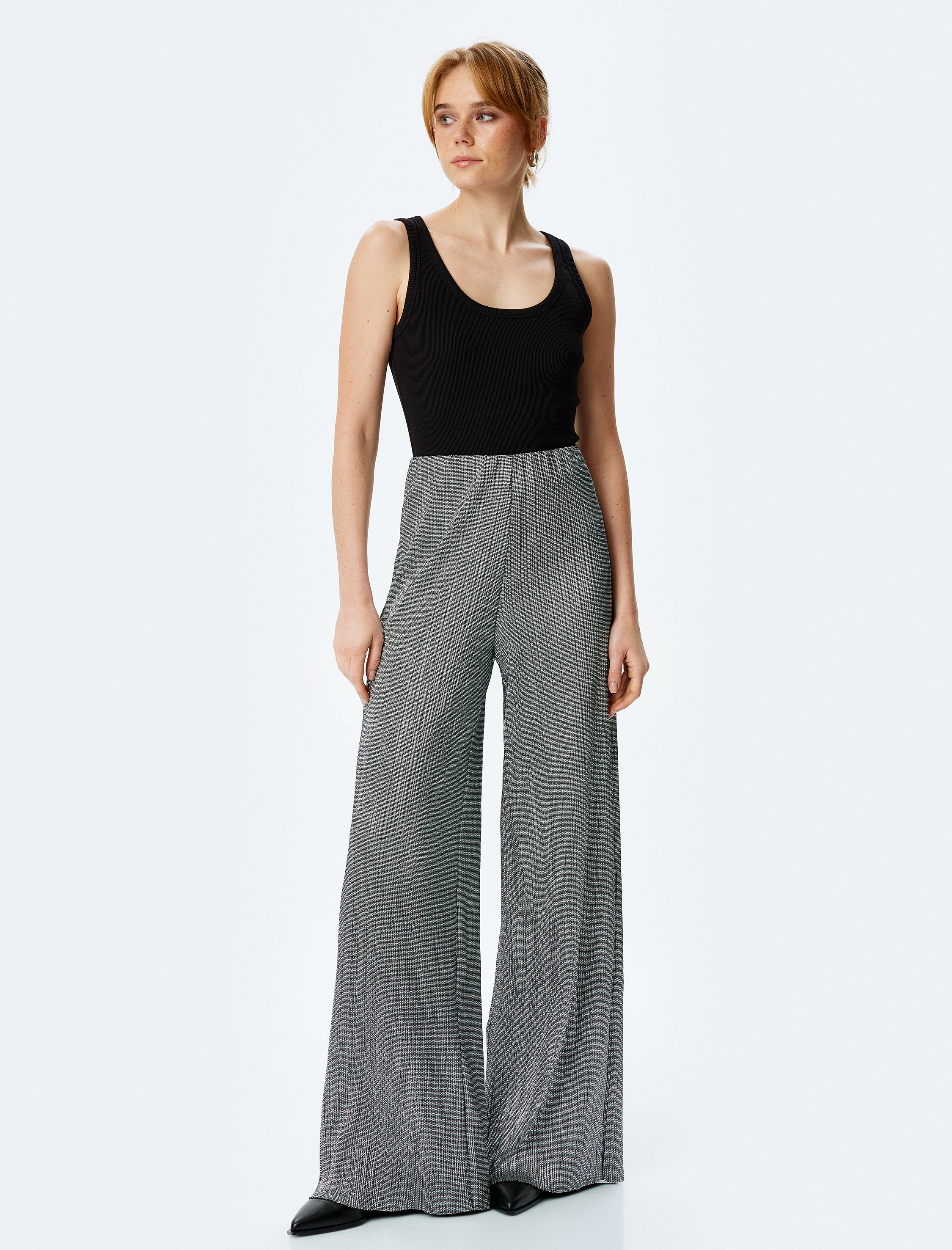   Standart Bel Metalik Dokulu Palazzo Pantolon