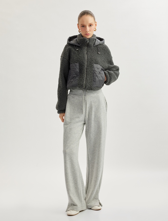  Çıkarılabilir Kapüşonlu Fermuarlı Çift Cepli Peluş Ceket