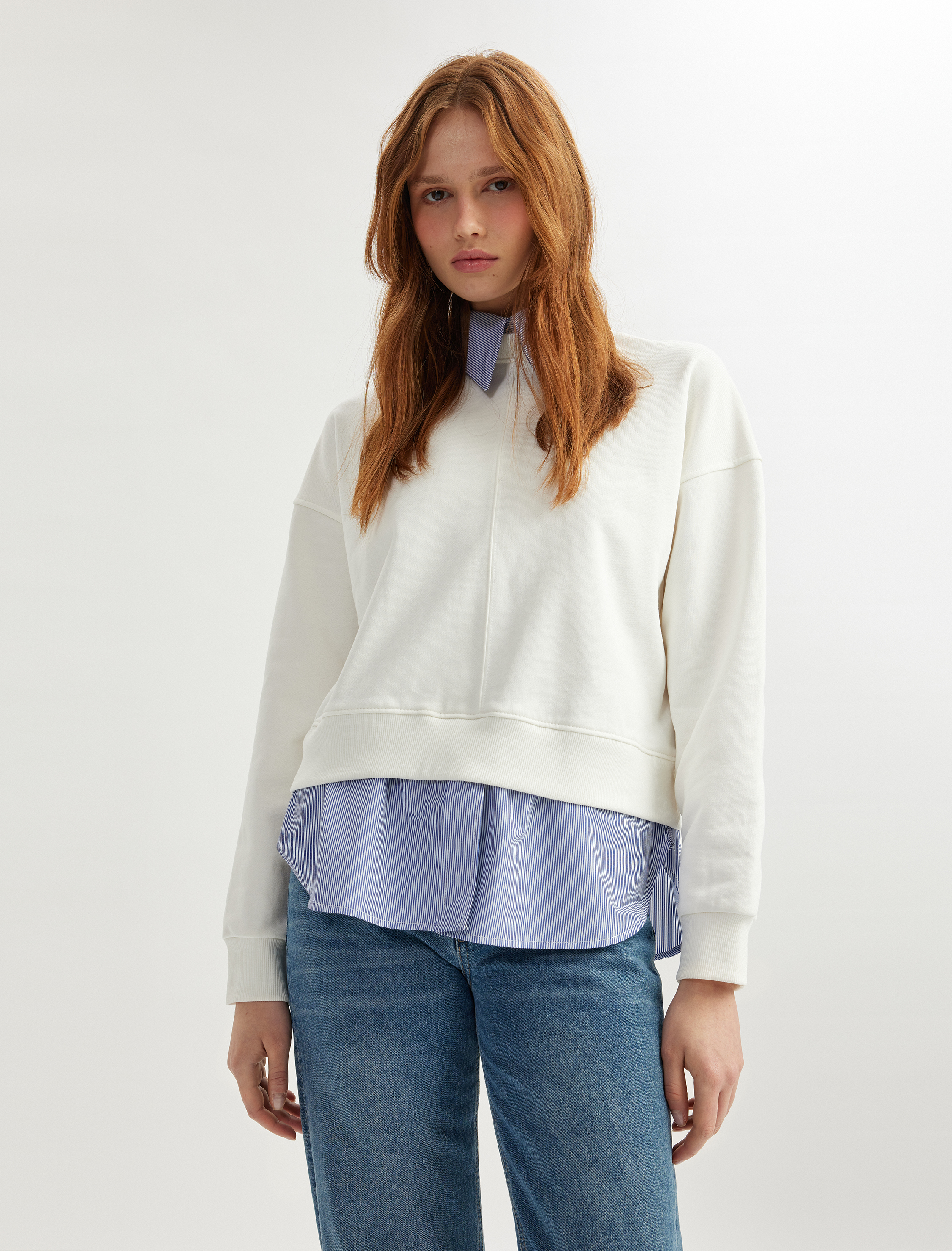   İki Farklı Kumaş Kullanımlı Uzun Kollu Pamuklu Gömlek Yaka Sweatshirt