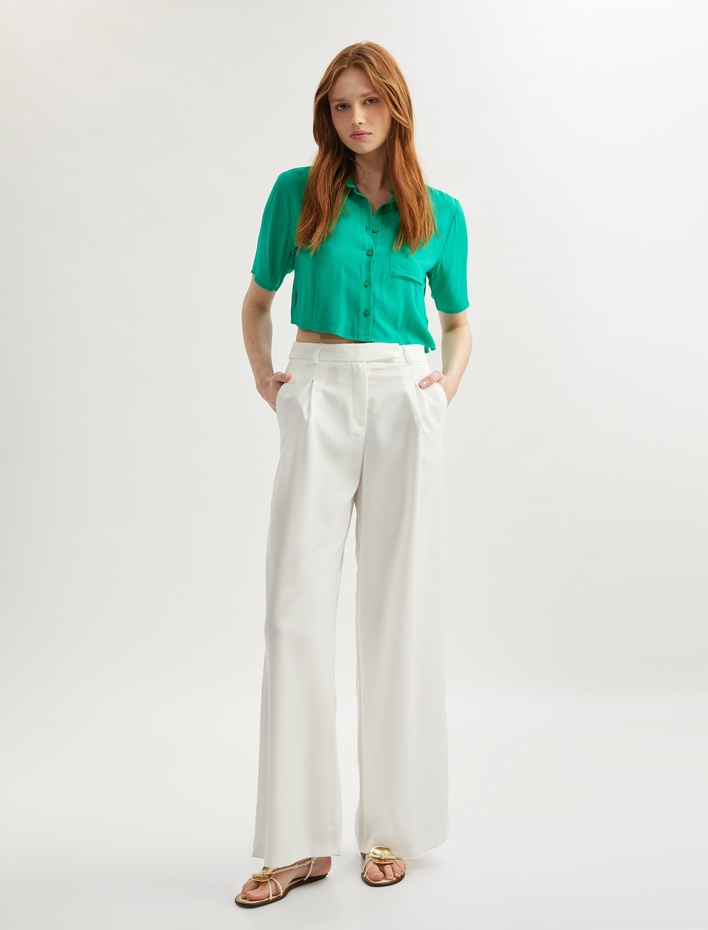  Cep Detaylı Kısa Kollu Viskon Crop Oversize Gömlek