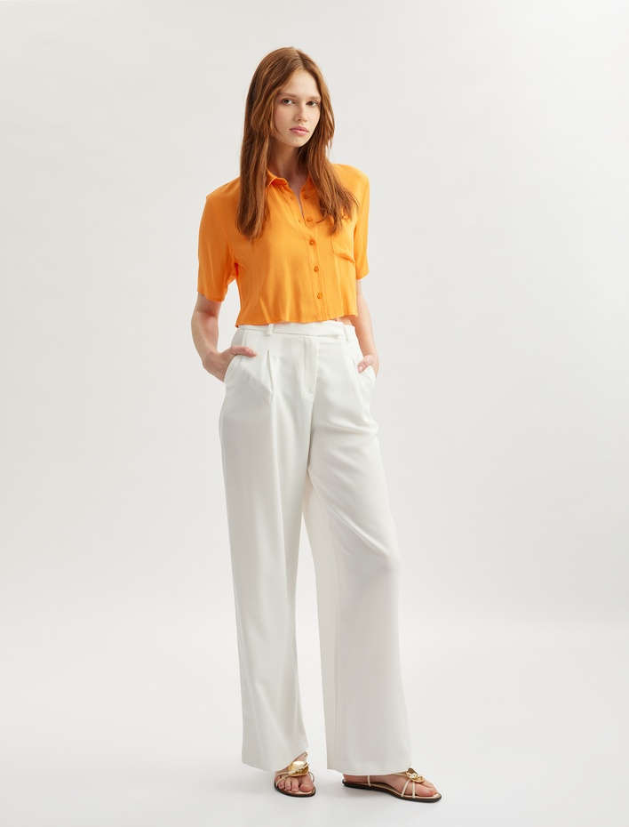  Cep Detaylı Kısa Kollu Viskon Crop Oversize Gömlek