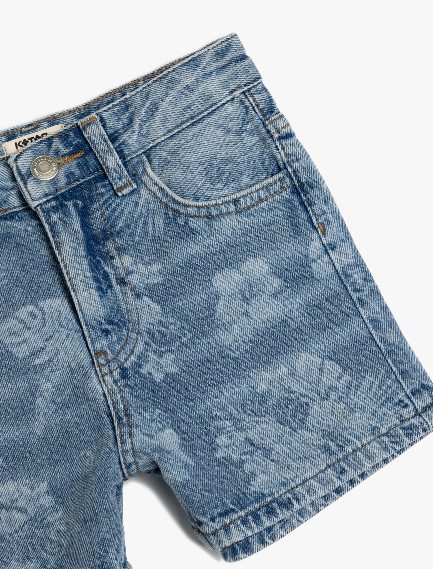  Kız Çocuk Çiçek Desenli Cepli Pamuklu Denim Şort