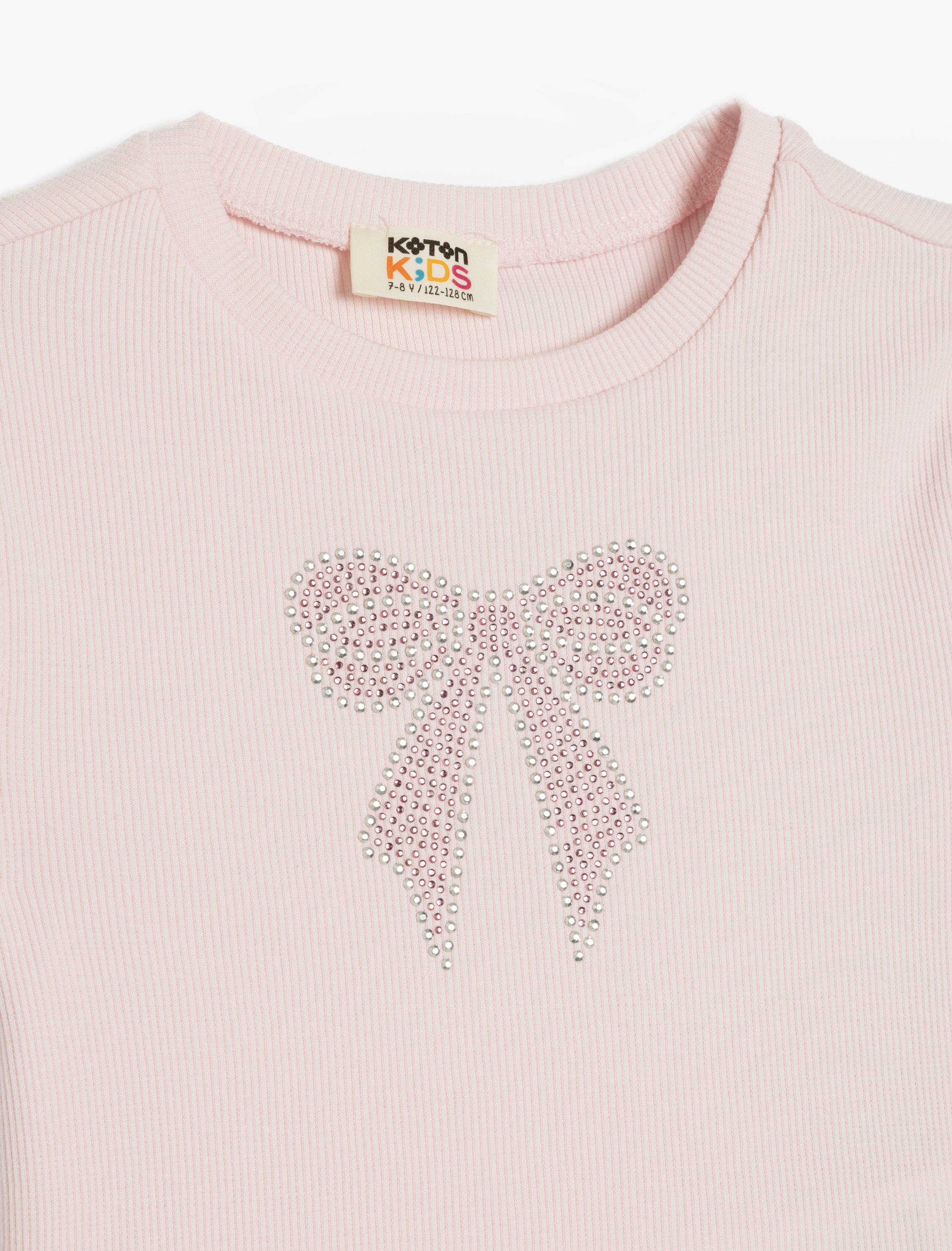  Kız Çocuk Pamuklu Bisiklet Yaka Kısa Kollu Fiyonk Baskılı Crop Tişört