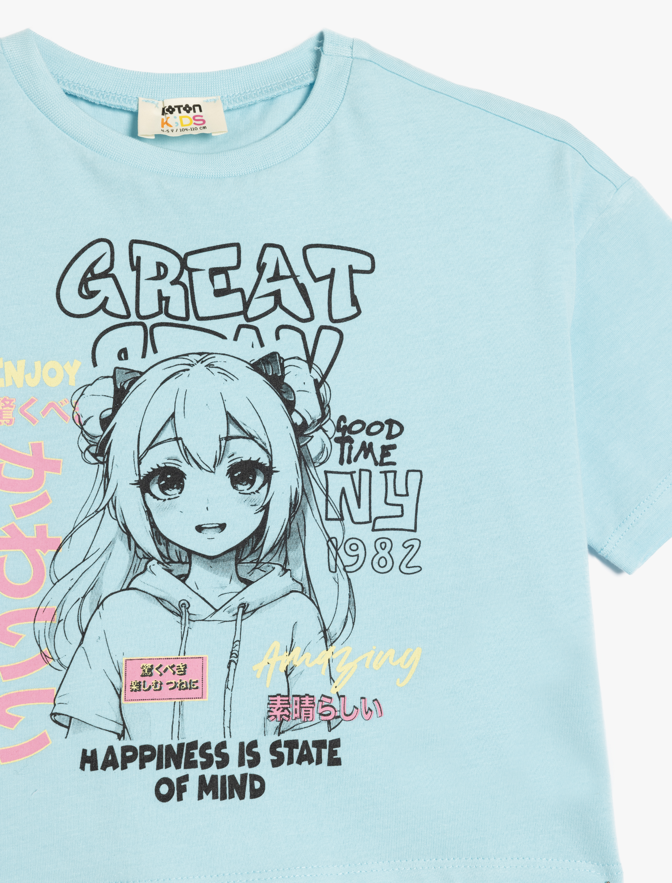  Kız Çocuk Bisiklet Yaka Anime Baskılı Pamuklu Kısa Kollu Tişört