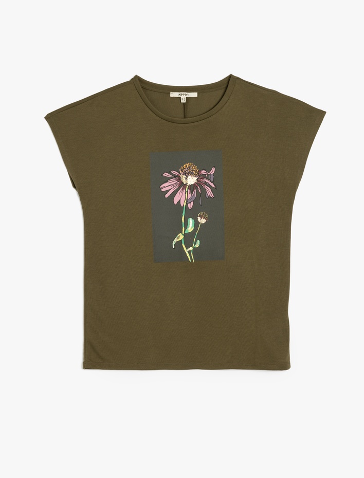 Kısa Kollu Bisiklet Yaka Çiçek Desenli Baskılı Tişört