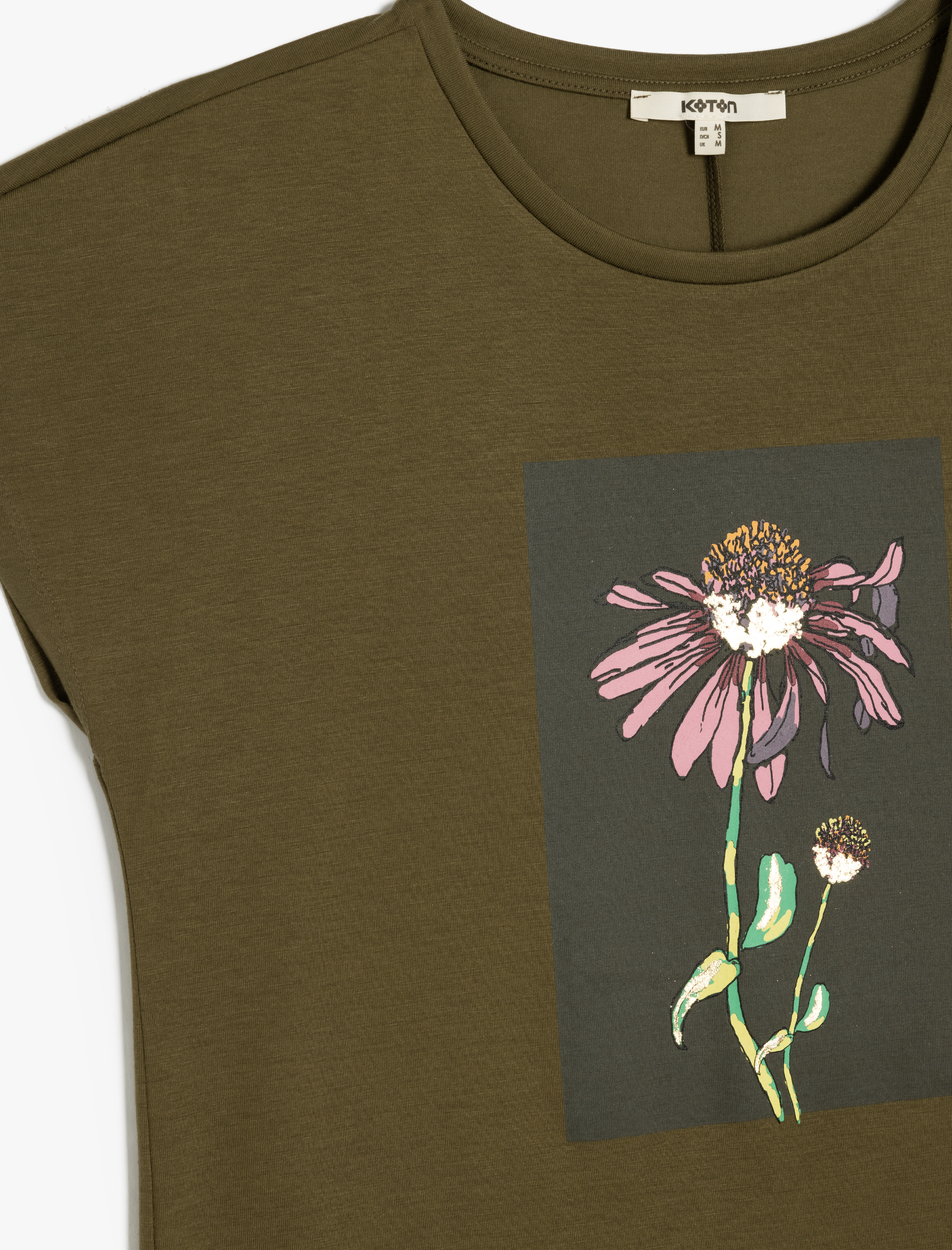   Kısa Kollu Bisiklet Yaka Çiçek Desenli Baskılı Tişört