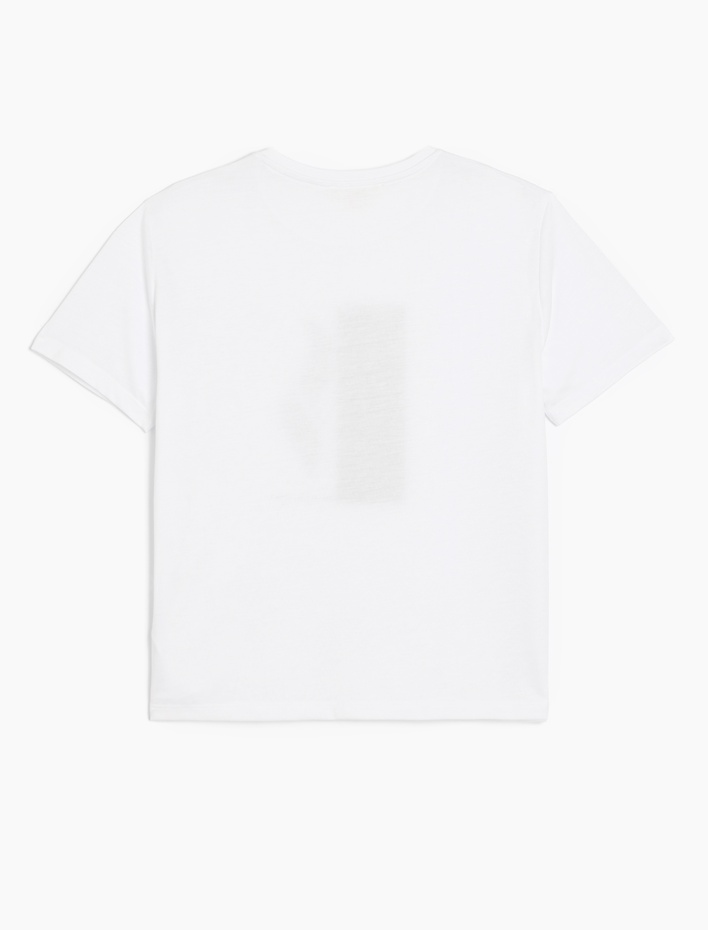  Bisiklet Yaka Kısa Kollu Simli Metalik Baskılı Tişört