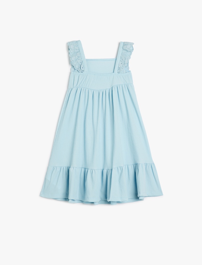 Kız Çocuk Gipe Detaylı Fırfırlı A Kesim Askılı Midi Elbise