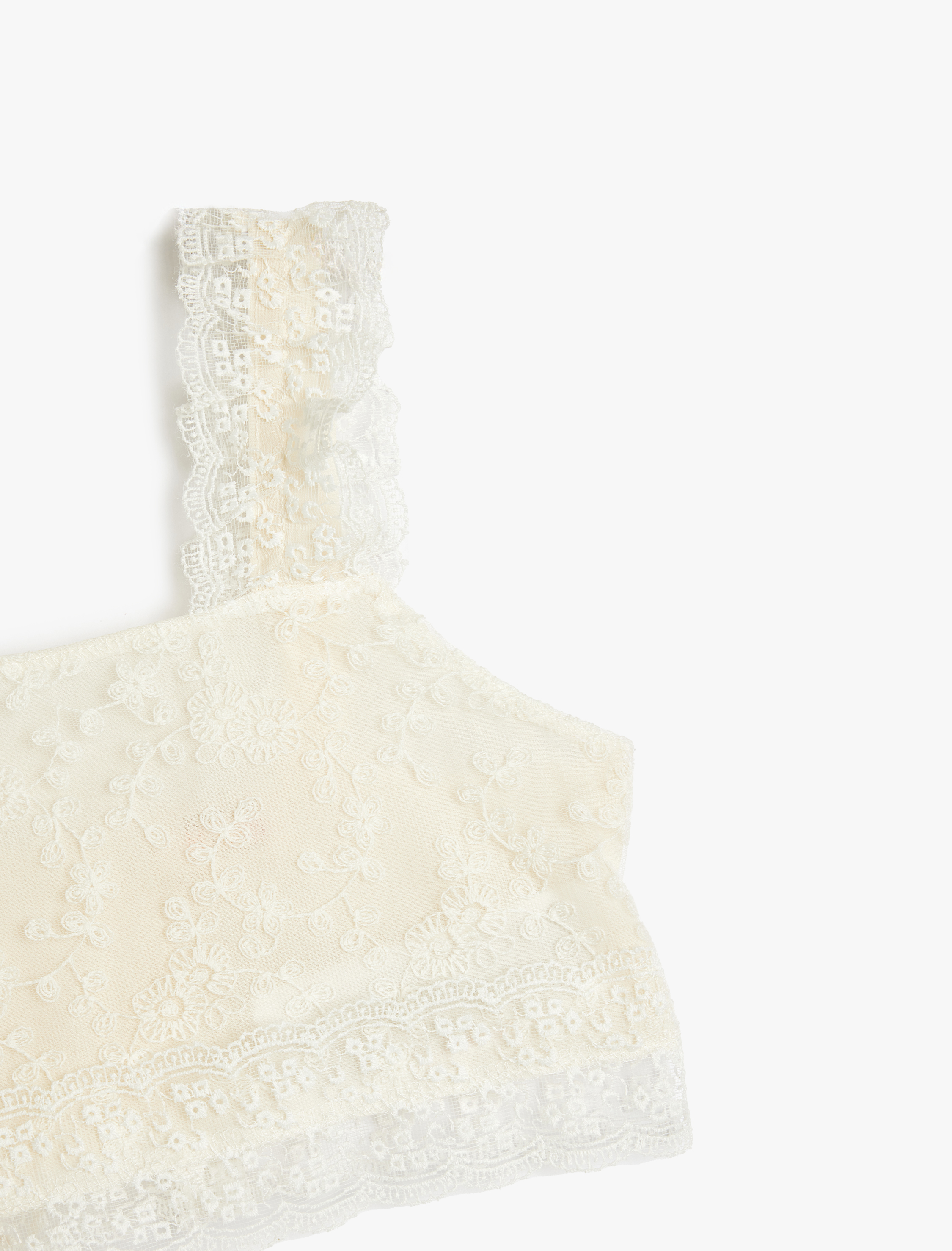  Kız Çocuk Dantel Detaylı Kare Yaka Askılı Crop Bluz