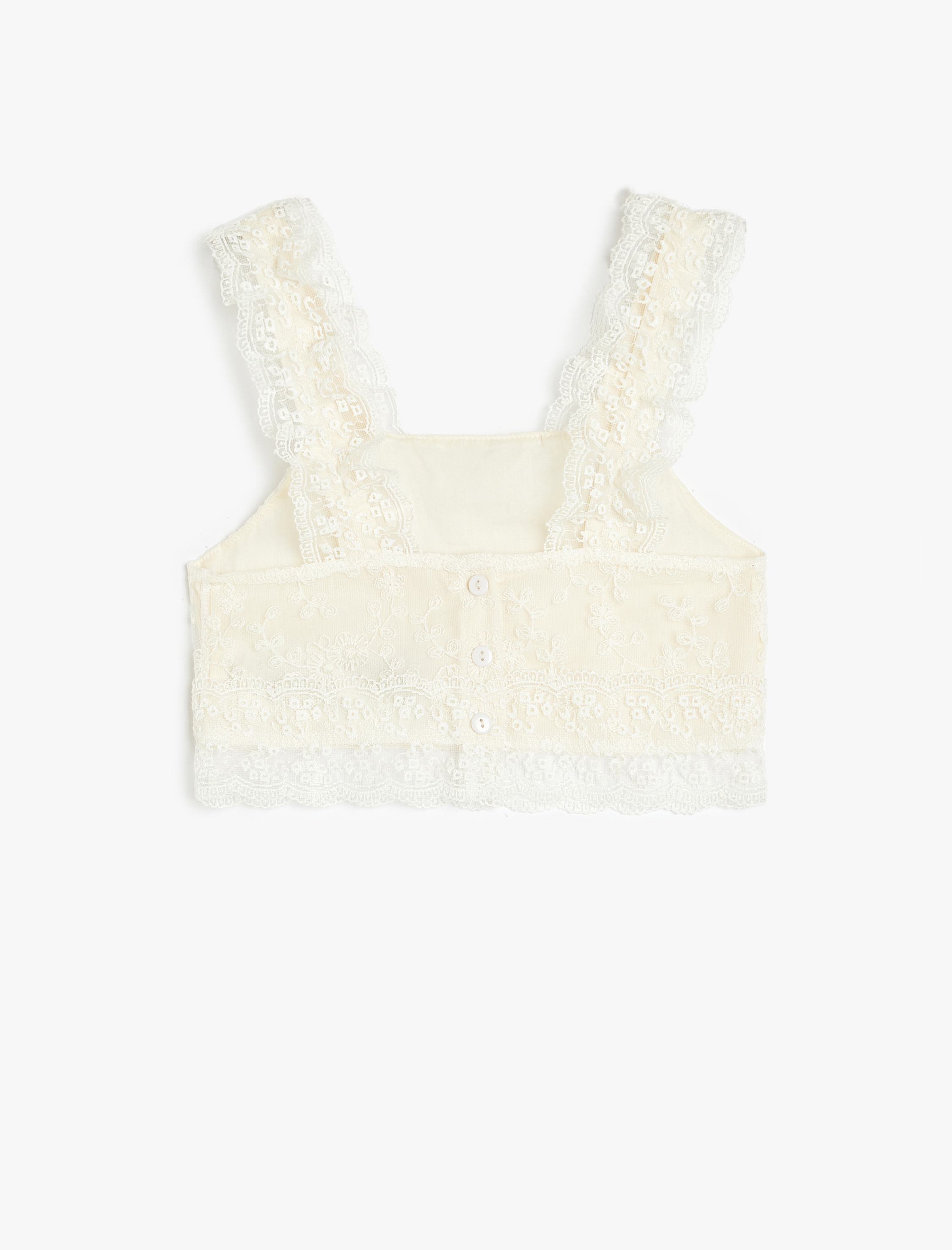  Kız Çocuk Dantel Detaylı Kare Yaka Askılı Crop Bluz