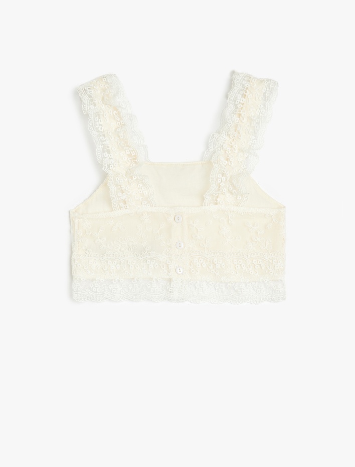 Kız Çocuk Dantel Detaylı Kare Yaka Askılı Crop Bluz