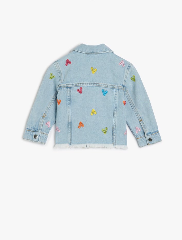 Kız Bebek Kalp Nakış Detaylı Uzun Kollu Pamuklu Denim Ceket
