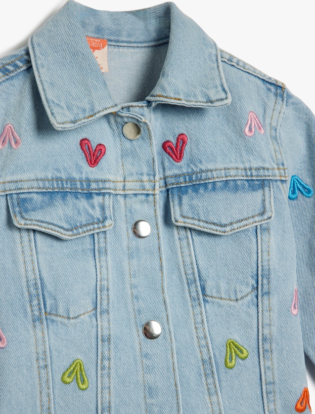 Kalp Nakış Detaylı Uzun Kollu Pamuklu Denim Ceket_2