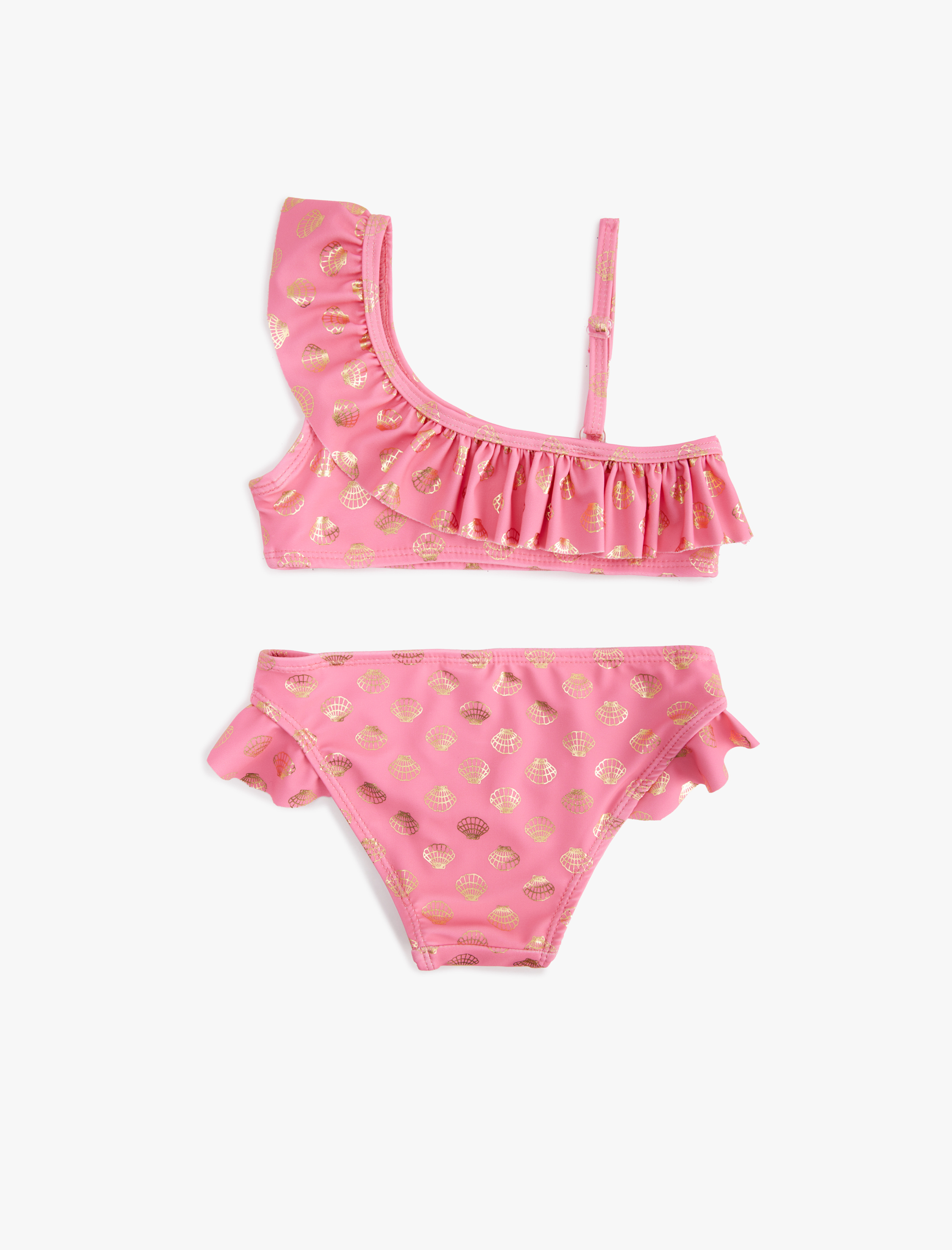  Kız Çocuk Fırfırlı Parlak Baskılı Tek Omuz İnce Askılı Bikini Takımı