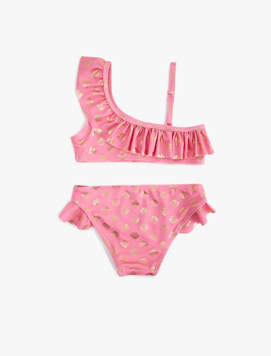  Kız Çocuk Fırfırlı Parlak Baskılı Tek Omuz İnce Askılı Bikini Takımı