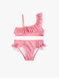 Fırfırlı Parlak Baskılı Tek Omuz İnce Askılı Bikini Takımı