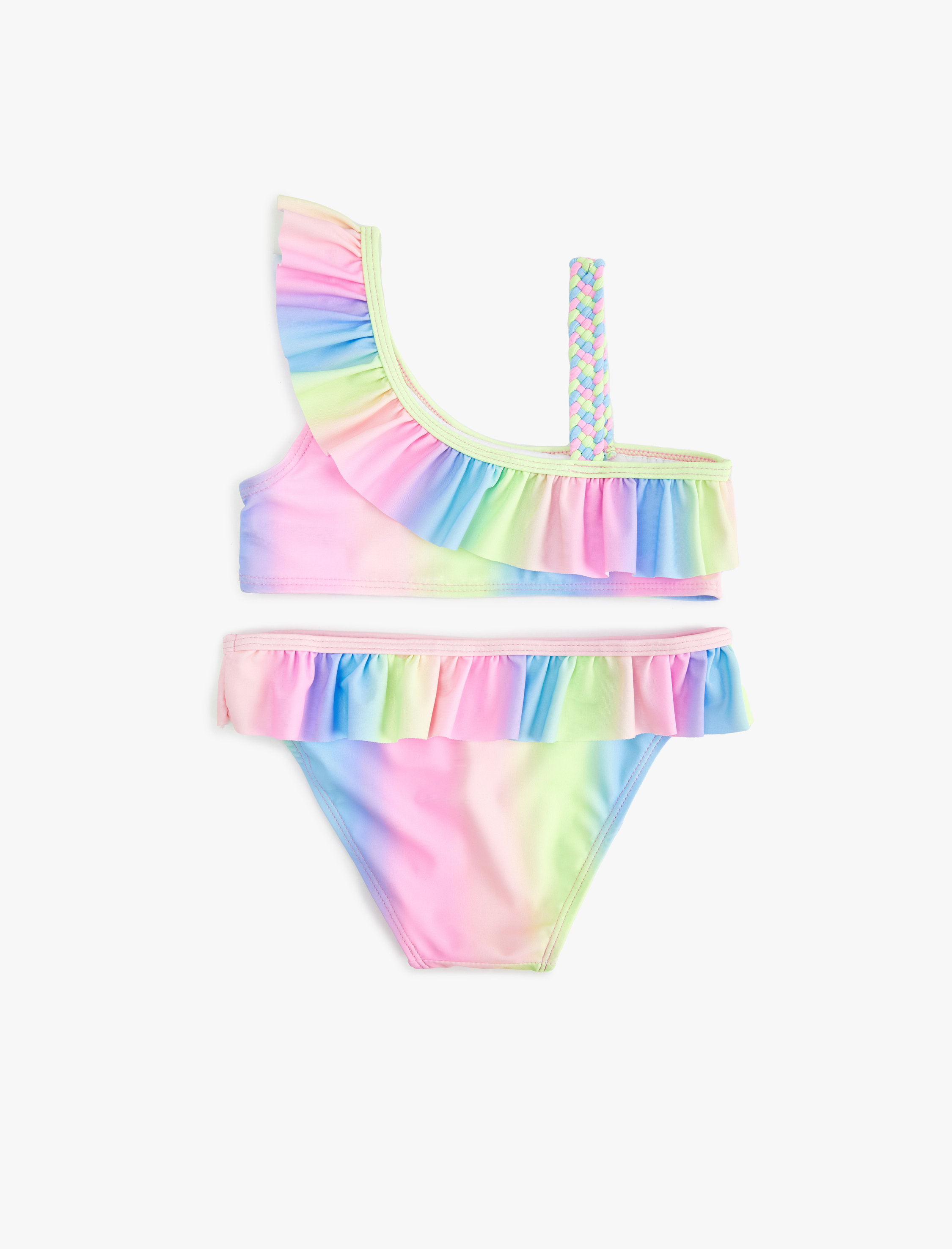  Kız Çocuk Fırfırlı Tek Omuz İnce Askılı Bikini Takımı