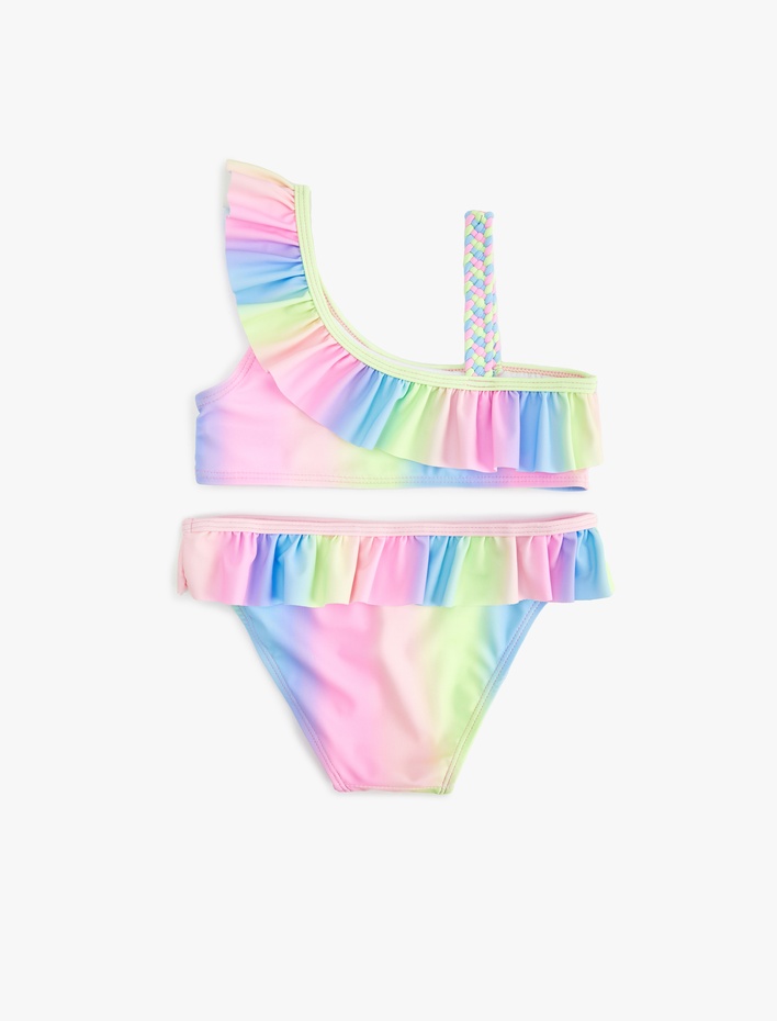Kız Çocuk Fırfırlı Tek Omuz İnce Askılı Bikini Takımı