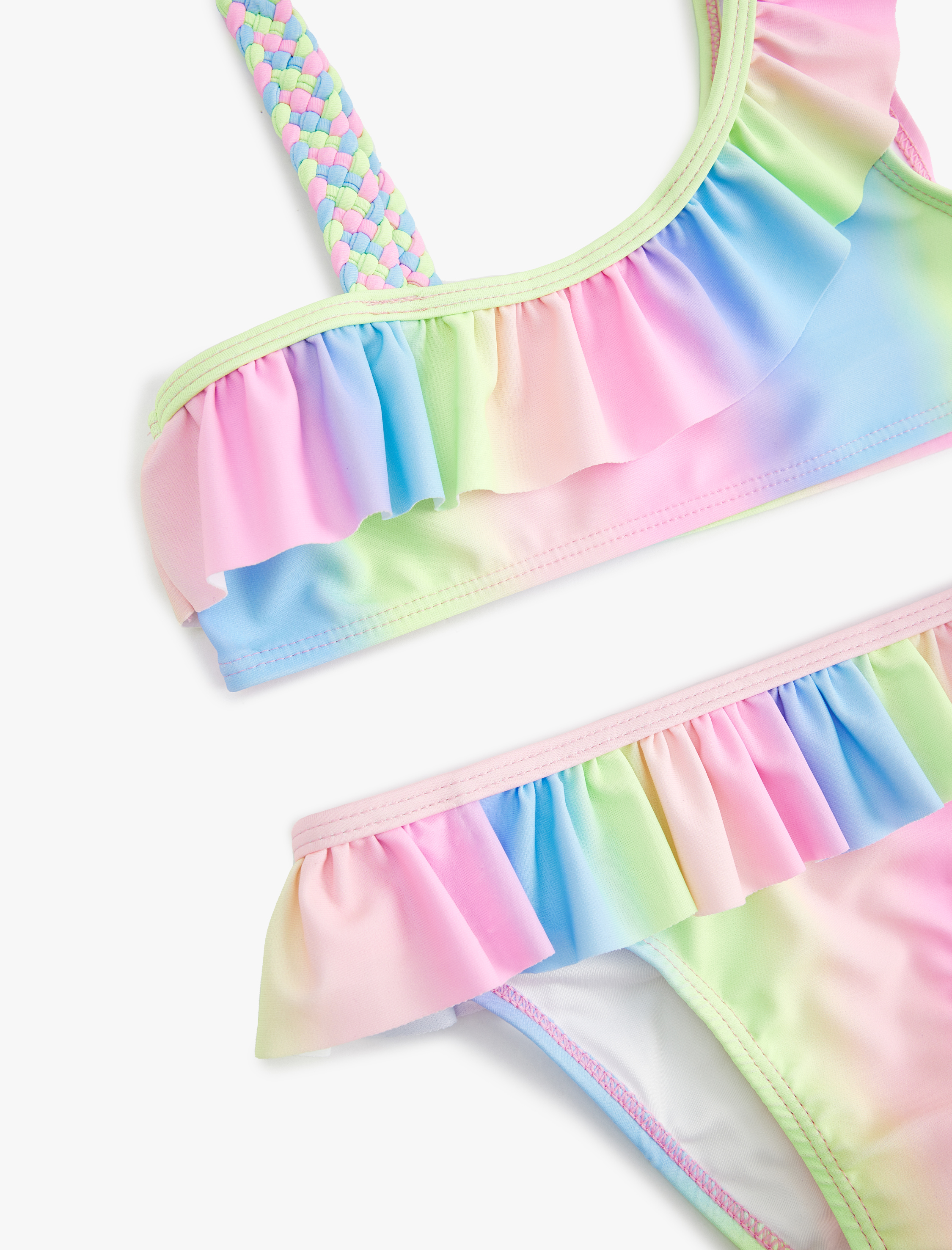  Kız Çocuk Fırfırlı Tek Omuz İnce Askılı Bikini Takımı