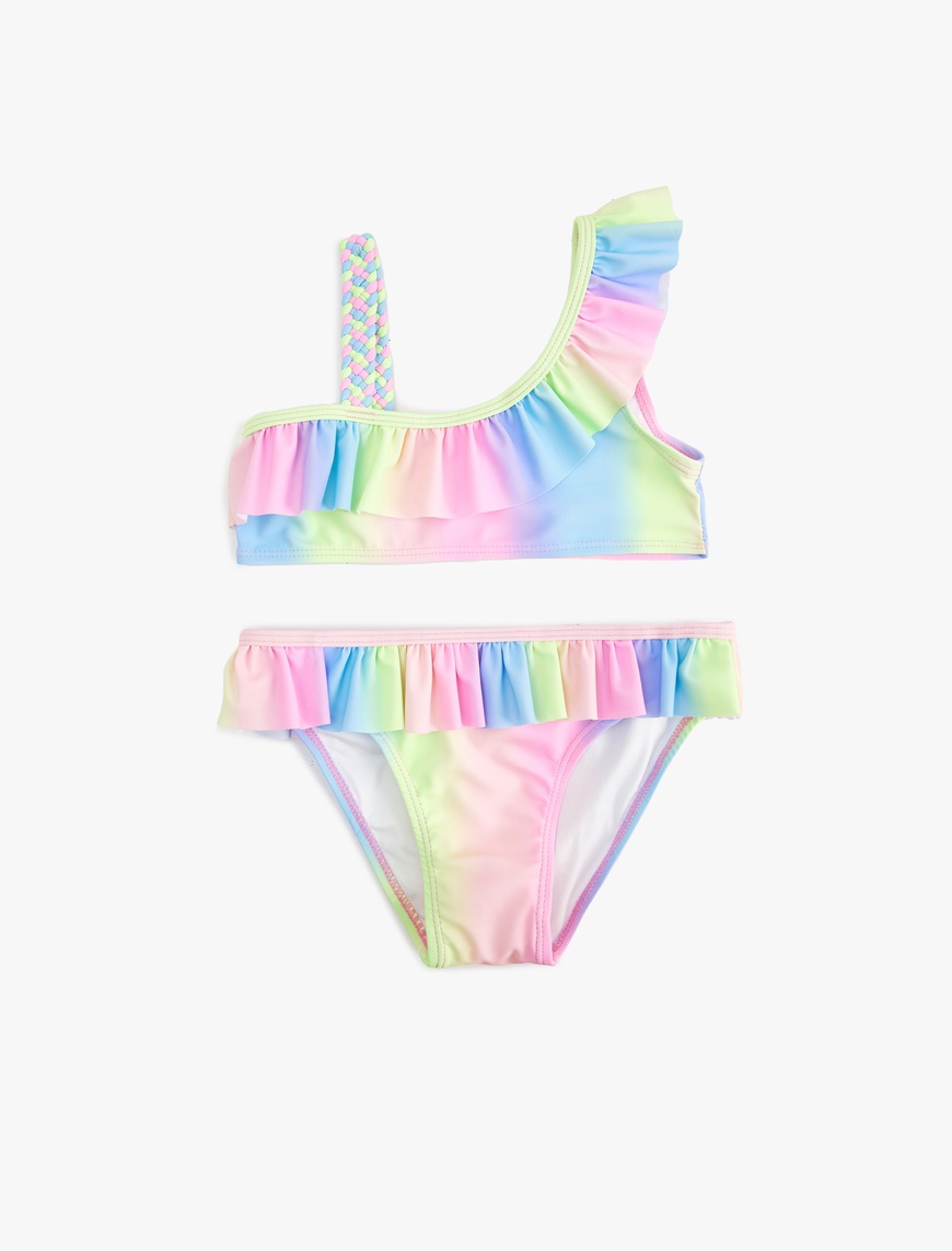  Kız Çocuk Fırfırlı Tek Omuz İnce Askılı Bikini Takımı